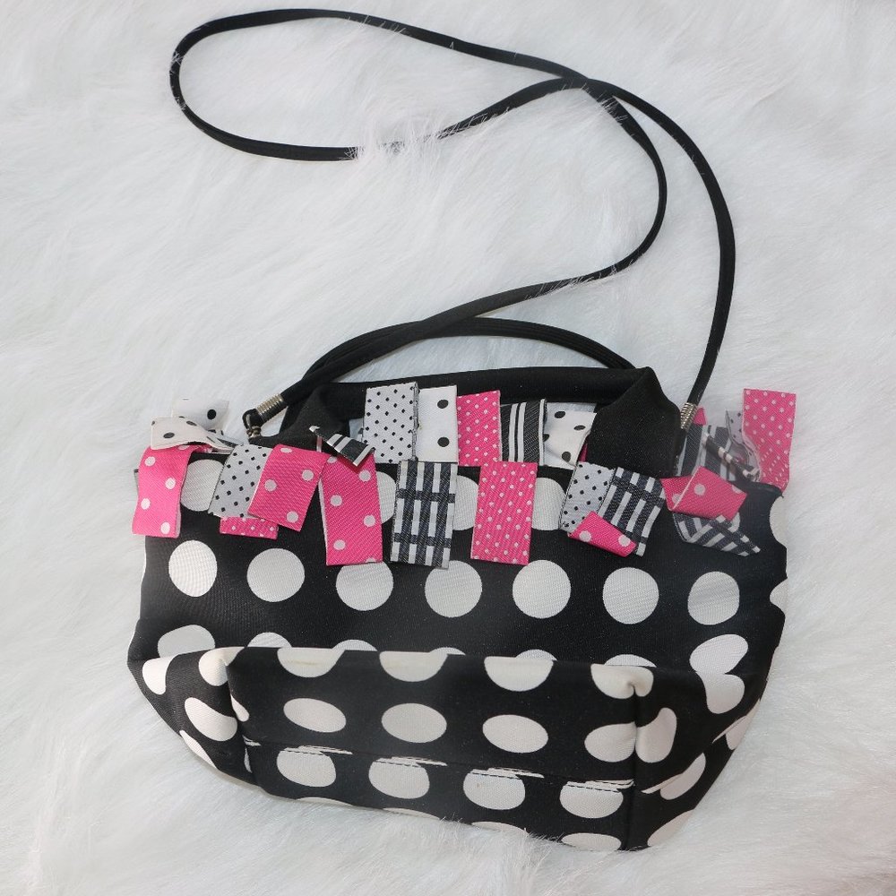 Y2K Era Black and White Polka Dot Satchel Purse with Fringe Detailing - Avon?